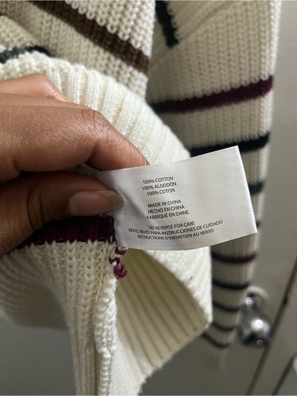 GAP Cream Crewneck Sweater with Navy and Burgundy Stripes - Picture 6 of 6